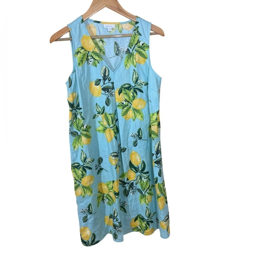 J. Jill Lemon Floral V-Neck Sleeveless Linen Tunic Lagenlook Dress SzSm